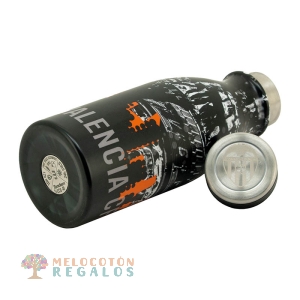 Vista frontal de botella térmica de acero inoxidable.