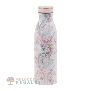 Vista frontal de botella térmica de acero inoxidable.