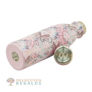 Vista frontal de botella térmica de acero inoxidable.