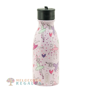 Vista frontal de botella térmica de acero inoxidable.