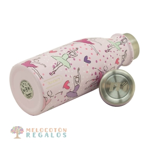 Vista frontal de botella térmica de acero inoxidable.