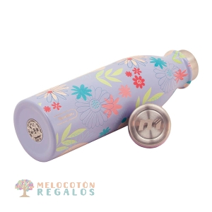 Vista frontal de botella térmica de acero inoxidable.