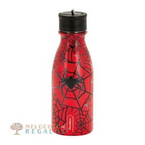 Vista frontal de botella térmica de acero inoxidable.