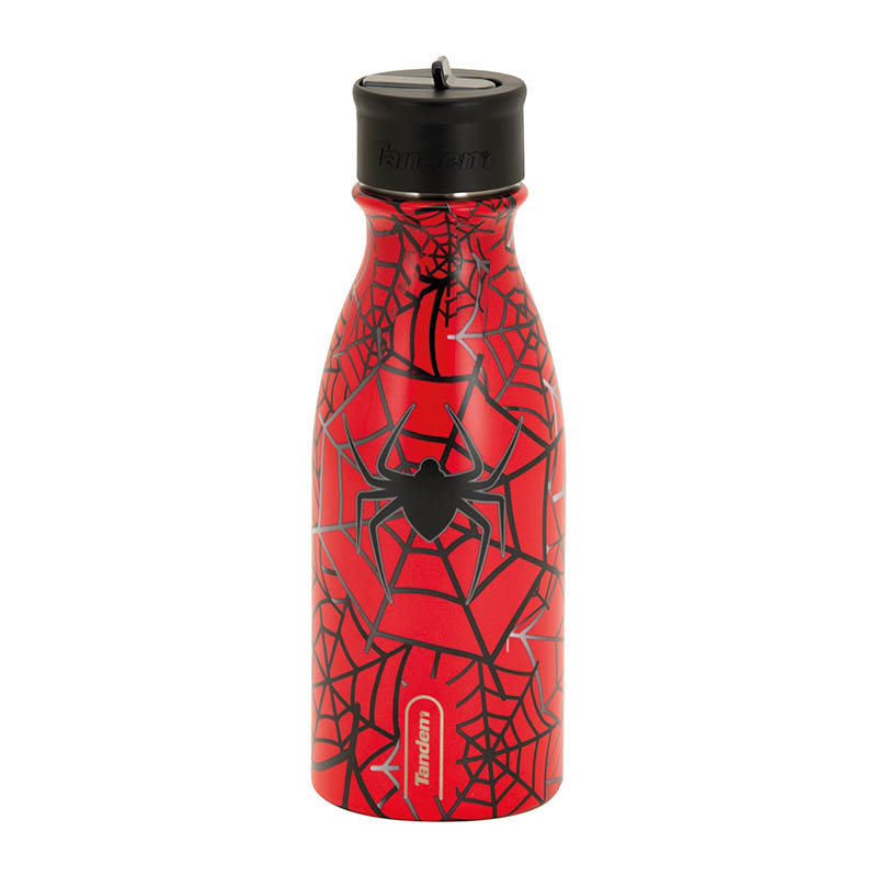 botella-termica-spiderman (1) Vista frontal de botella térmica de acero inoxidable.