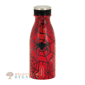 Vista frontal de botella térmica de acero inoxidable.