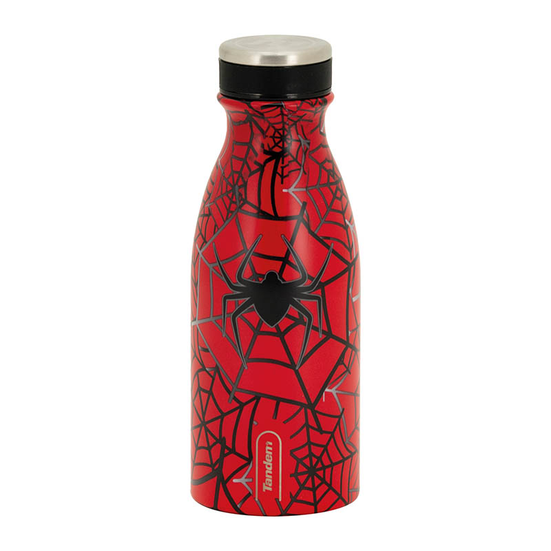 botella-termica-spiderman (3) Vista frontal de botella térmica de acero inoxidable.