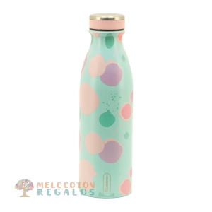 Vista frontal de botella térmica de acero inoxidable.