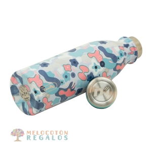 Vista frontal de botella térmica de acero inoxidable.