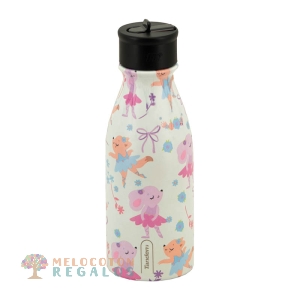 Vista frontal de botella térmica de acero inoxidable.