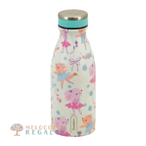 Vista frontal de botella térmica de acero inoxidable.