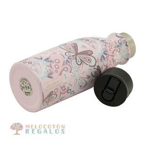 Vista frontal de botella térmica de acero inoxidable.