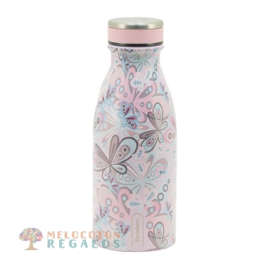 Vista frontal de botella térmica de acero inoxidable.