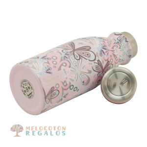 Vista frontal de botella térmica de acero inoxidable.