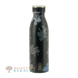 Vista frontal de botella térmica de acero inoxidable.