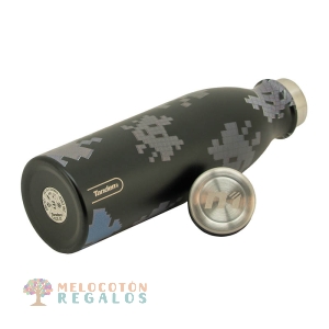 Vista frontal de botella térmica de acero inoxidable.