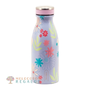 Vista frontal de botella térmica de acero inoxidable.