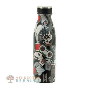 Vista frontal de botella térmica de acero inoxidable.