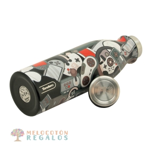 Vista frontal de botella térmica de acero inoxidable.