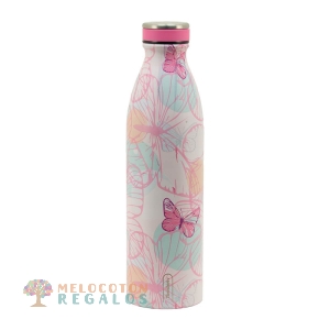 Vista frontal de botella térmica de acero inoxidable.