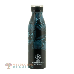 Vista frontal de botella térmica de acero inoxidable.