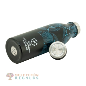 Vista frontal de botella térmica de acero inoxidable.