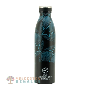 Vista frontal de botella térmica de acero inoxidable.