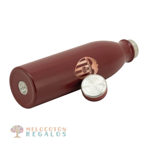 Vista frontal de botella térmica de acero inoxidable.