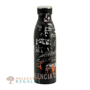 Vista frontal de botella térmica de acero inoxidable.