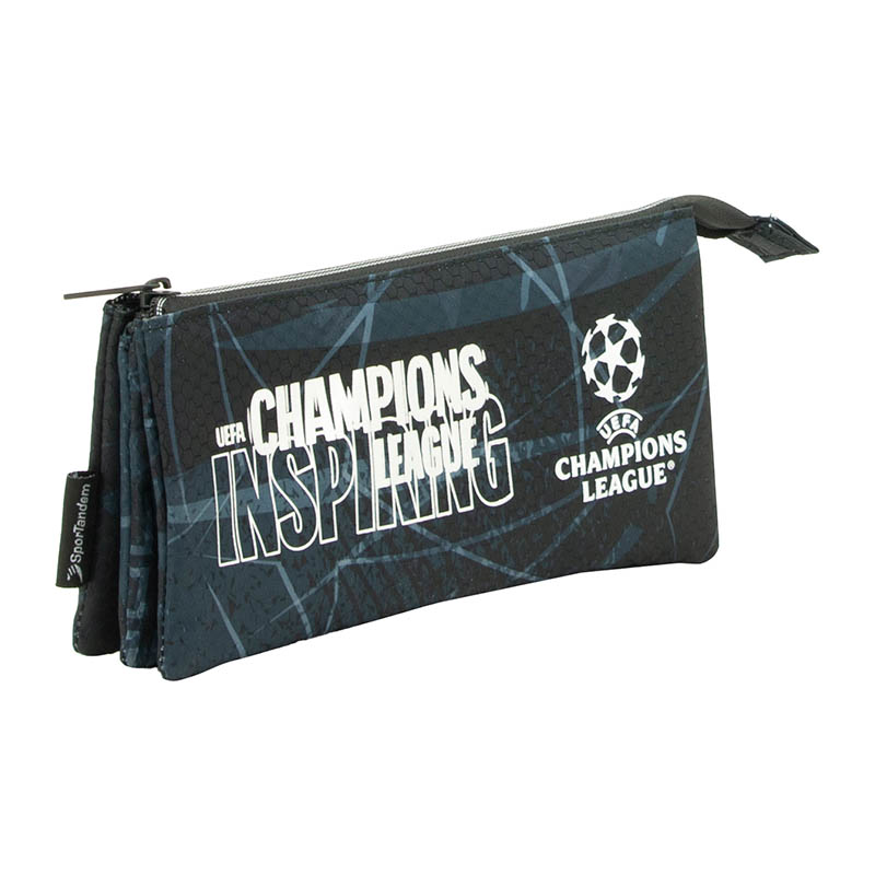 estuche-portatodo-triple-champions (1) Vista frontal de portatodo tres bolsillos independientes.