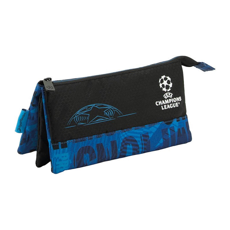 estuche-portatodo-triple-champions-league (1) Vista frontal de portatodo tres bolsillos independientes.
