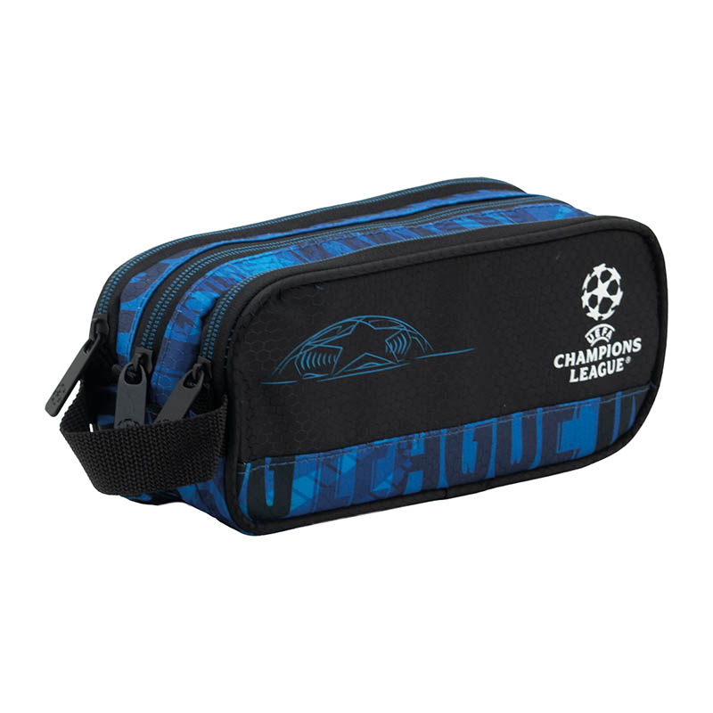 estuche-portatodo-triple-champions-league (7) Vista frontal de portatodo tres bolsillos independientes.