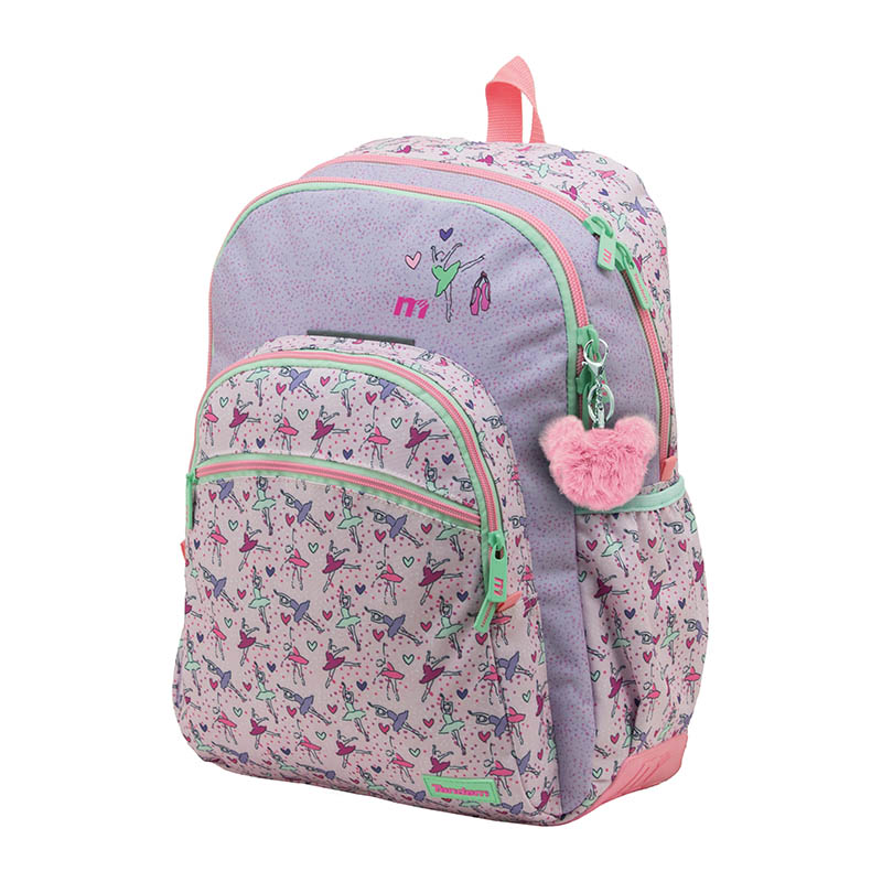 mochila-escolar-doble-cuerpo-con-gomas (1) Vista frontal de mochila escolar doble cuerpo.